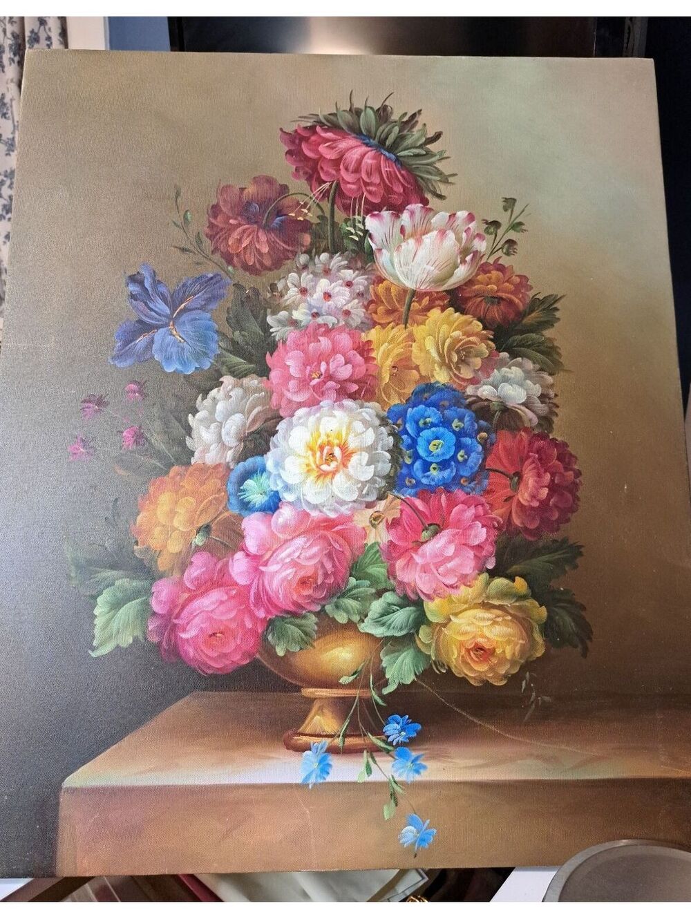 Vintage Original Still Life Oil Painting Lush Floral Bouquet in a Golden Age